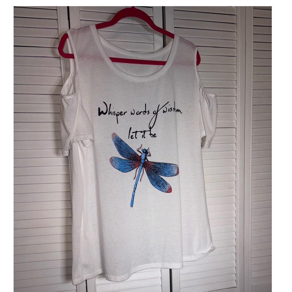 White Cold Shoulder Dragonfly Graphic Tee Whisper Words of Wisdom XXL